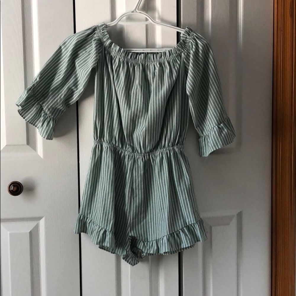Off the shoulder light green & white romper